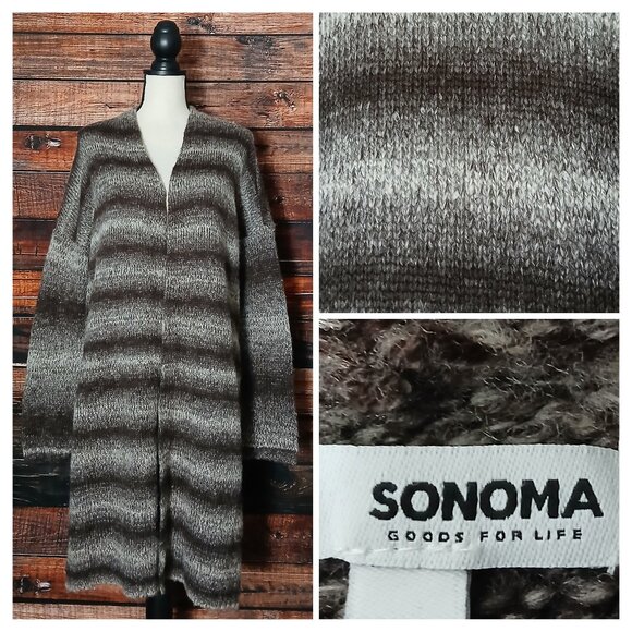 Sonoma Duster Cardigan Sweater L Open Front Long Brown Ombre Striped - Picture 1 of 9